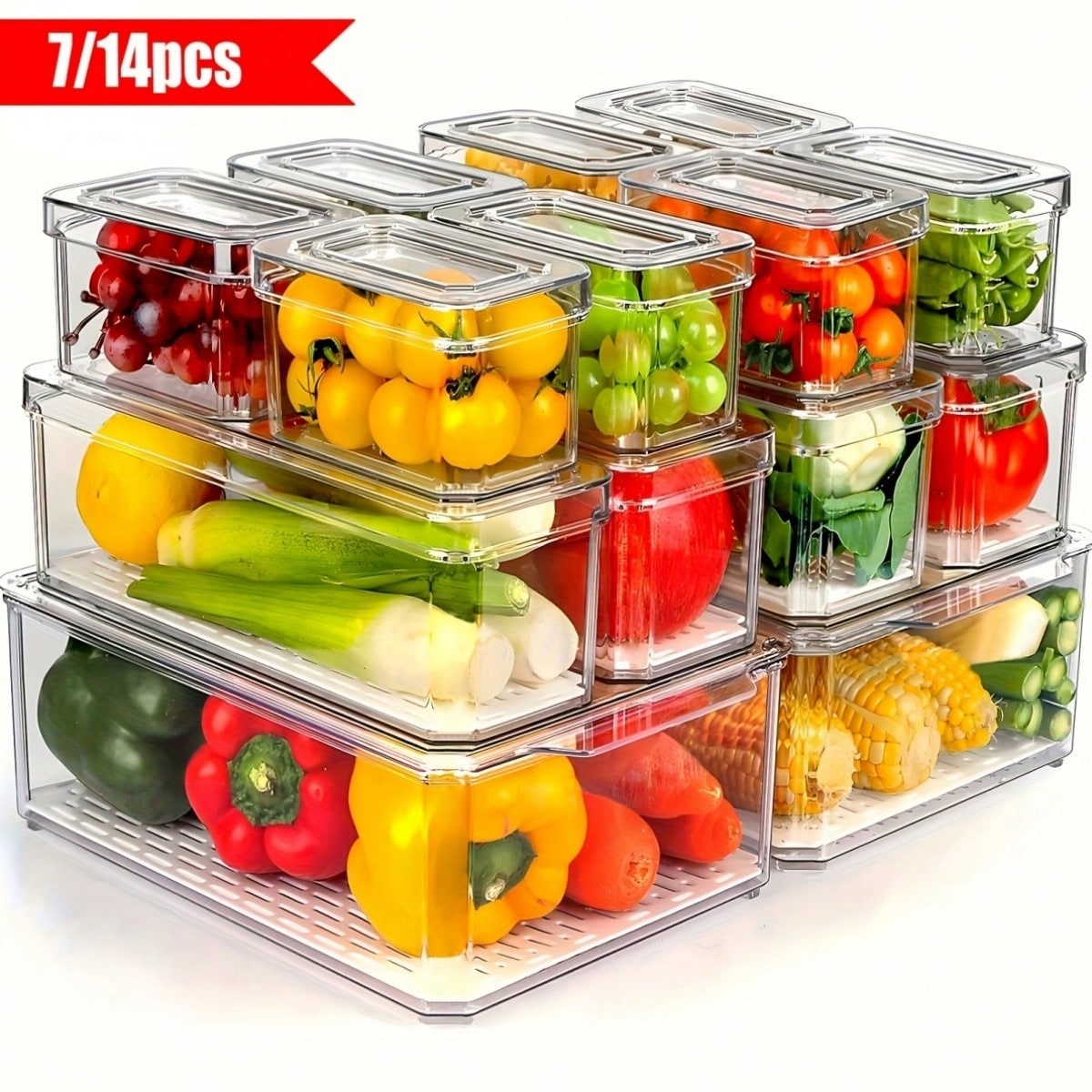 Food Packed Snacks - 7個/14個セットの積み重ね可能な冷蔵庫用収納ボックス（蓋付き）、果物、野菜、スナック、シリアル用の省スペース食品保存容器、冷蔵庫、キッチン、キャビネット用の多目的収納オーガナイザー、卒業、誕生日、パーティー、結婚式の理想的なギフト