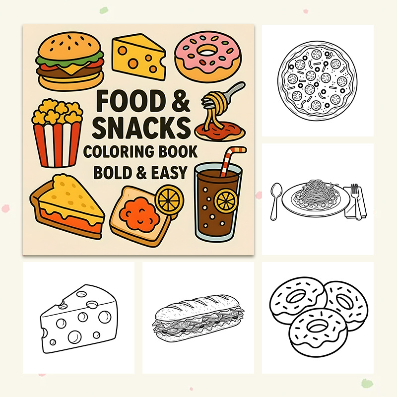 厚手の食品＆スナックをテーマにした塗り絵ブック、滲み防止スト - Food Snacks Coloring Book のレビューと価格
